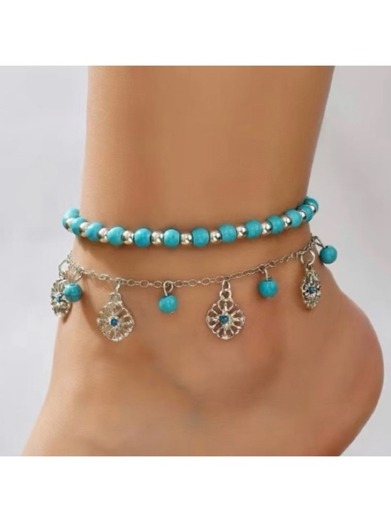 Jewelry - Boho Bohemian Silver Toned Turquoise Beaded Anklet